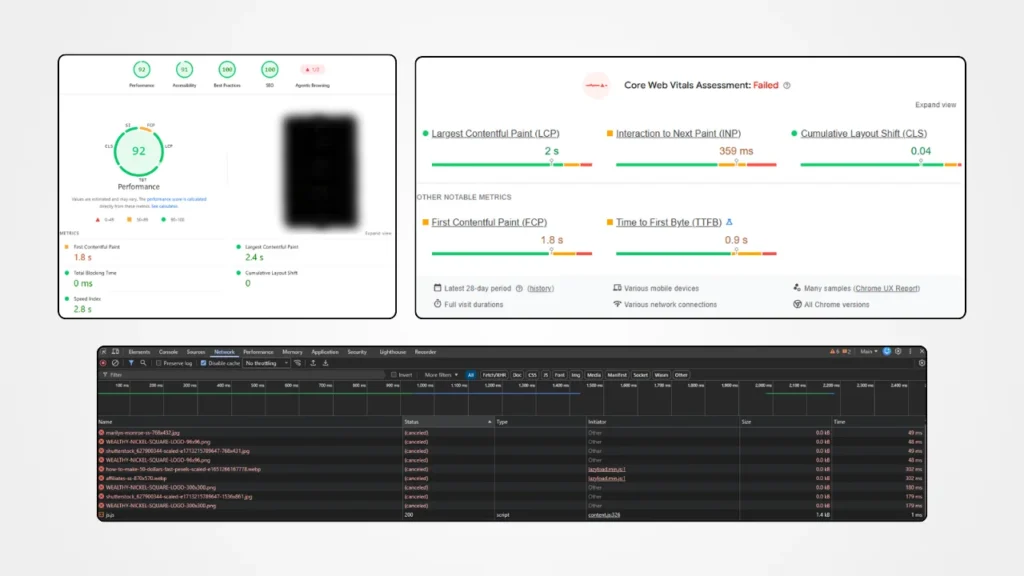PageSpeed Insights performance report showing Core Web Vitals and diagnostics
