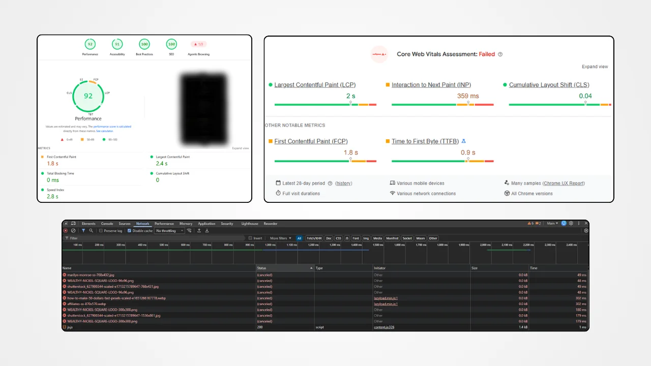 PageSpeed Insights performance report showing Core Web Vitals and diagnostics