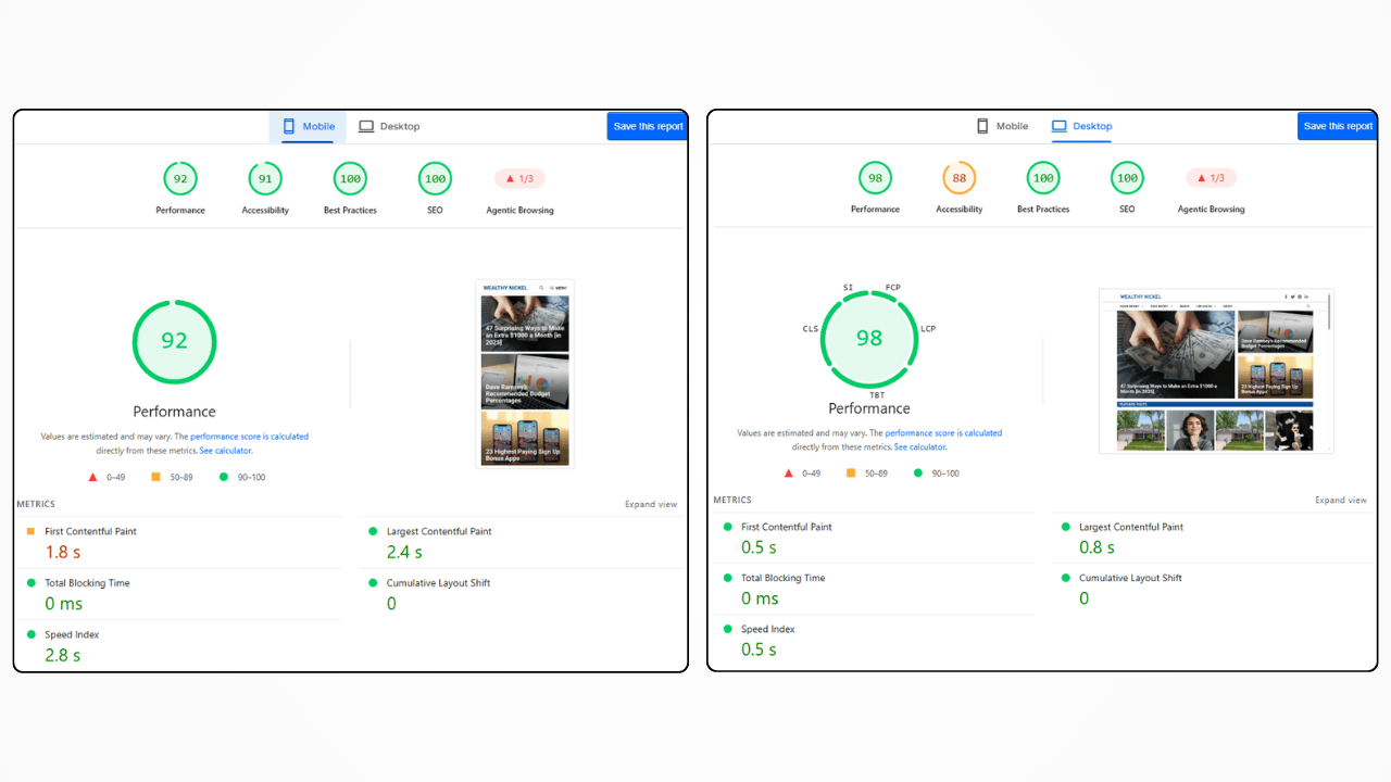 Desktop versus mobile PageSpeed Insights performance results